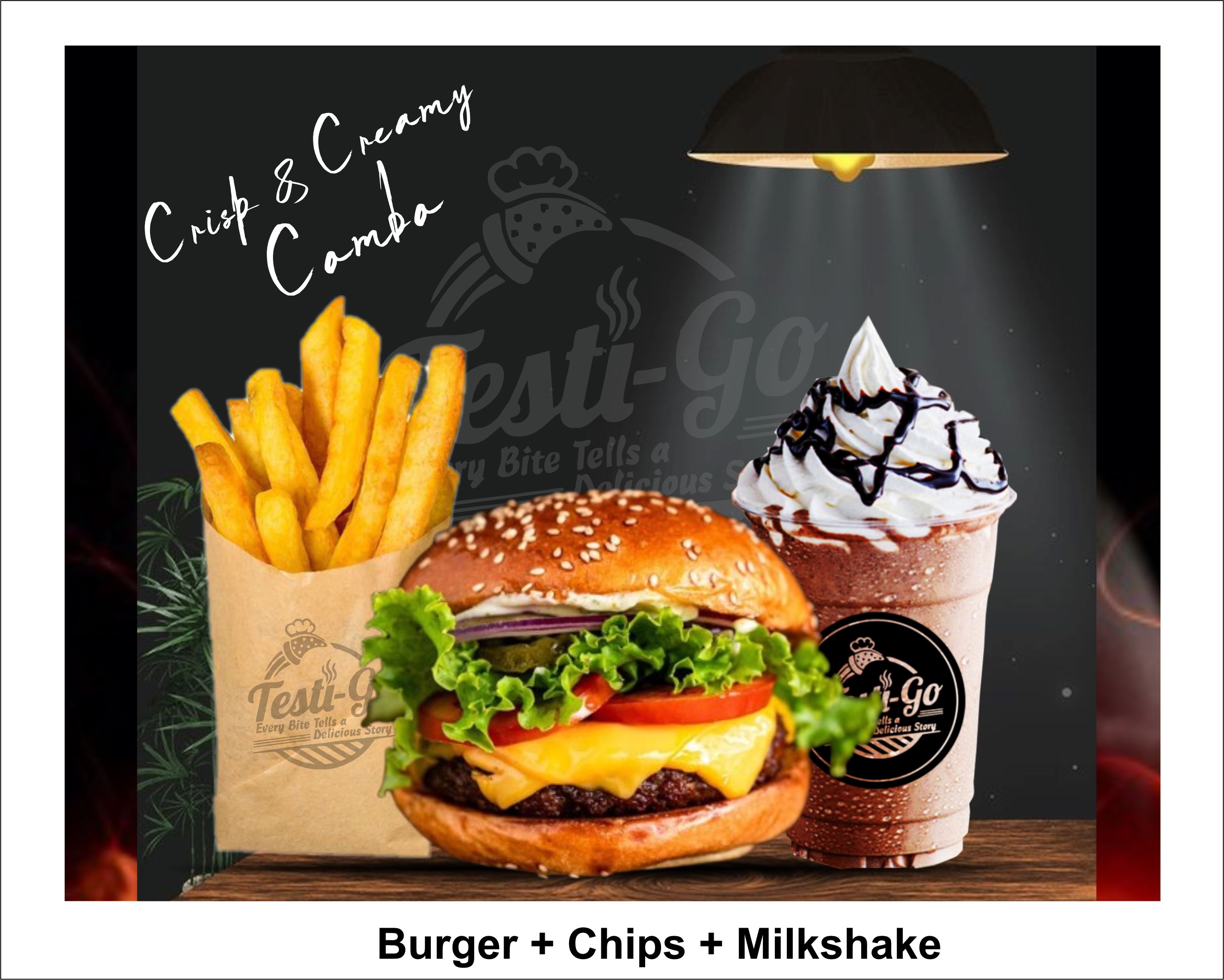 Craving the perfect mix? Try our Crisp and Creamy combo—burger, chips, and milkshake all in one! Order now and enjoy a 5% discount. Deliciously satisfying!