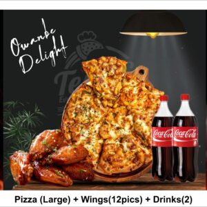 Celebrate with our Owambe Delight combo—1 large pizza, 12 wings, and 2 bottles of Coke! Order now and get 5% off. Perfect for a quick feast!