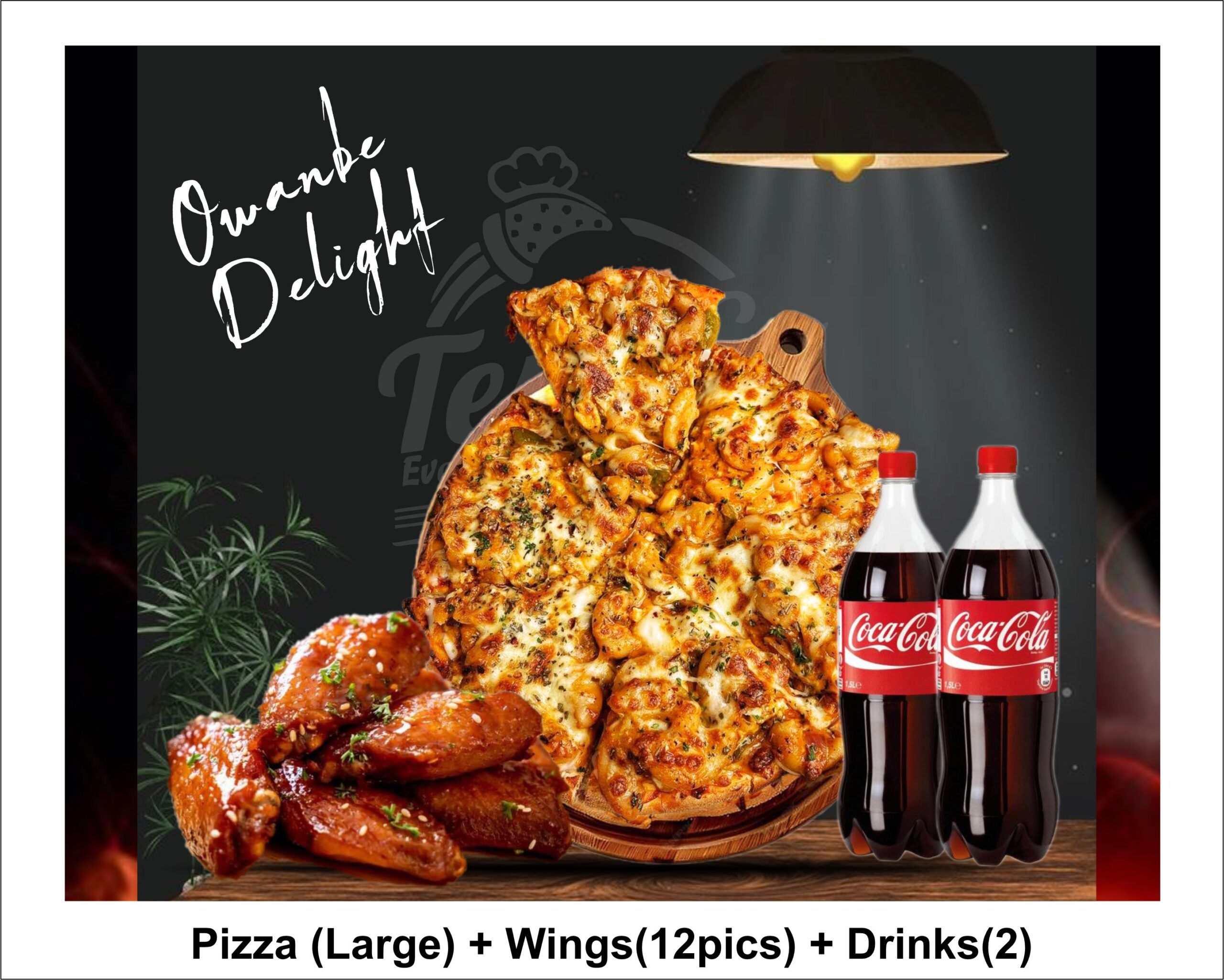 Celebrate with our Owambe Delight combo—1 large pizza, 12 wings, and 2 bottles of Coke! Order now and get 5% off. Perfect for a quick feast!