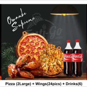 Bring the party home with our Owambe Supreme combo! Enjoy 2 large pizzas, 24 pieces of crispy chicken wings, and 6 bottles of refreshing drinks—perfect for sharing. A feast for all, with a 5% discount when you order together! Hosting a gathering? The Owambe Supreme combo has you covered—2 large pizzas, 24 chicken wings, and 6 bottles of drinks! Order now and enjoy a 5% discount. The perfect feast for any occasion!